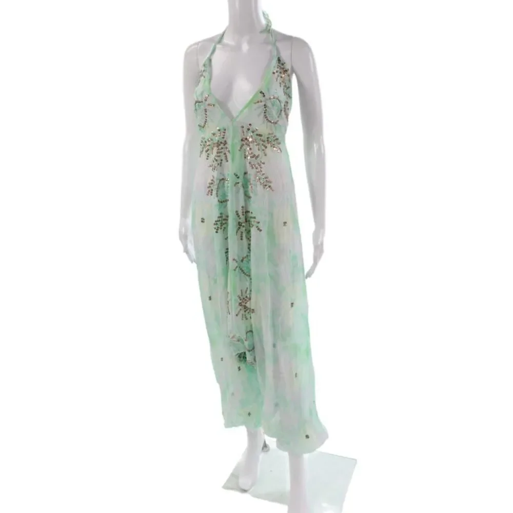 Juliet Dunn Womens Green Tie Dye Halter Sleeveless Jumpsuit Size One Size